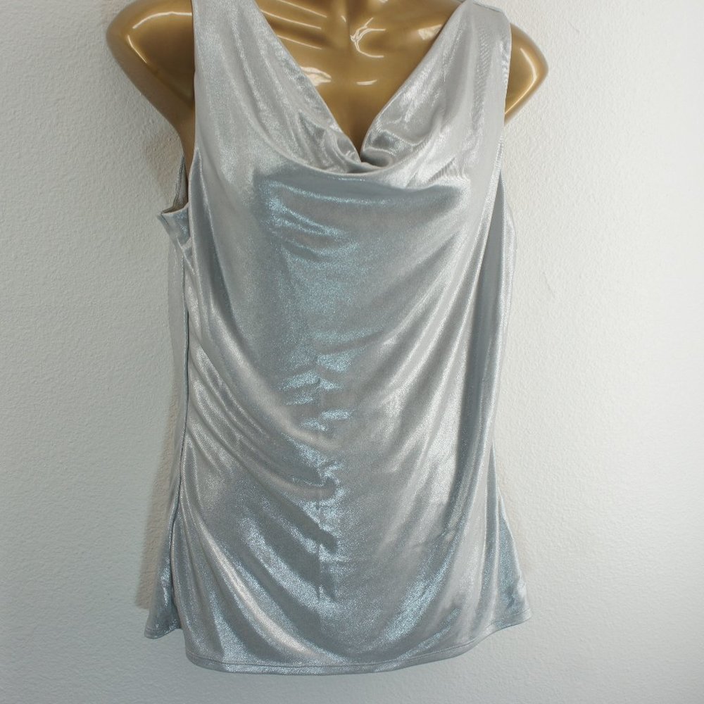White house black market silver metallic cowl neck tank top size M